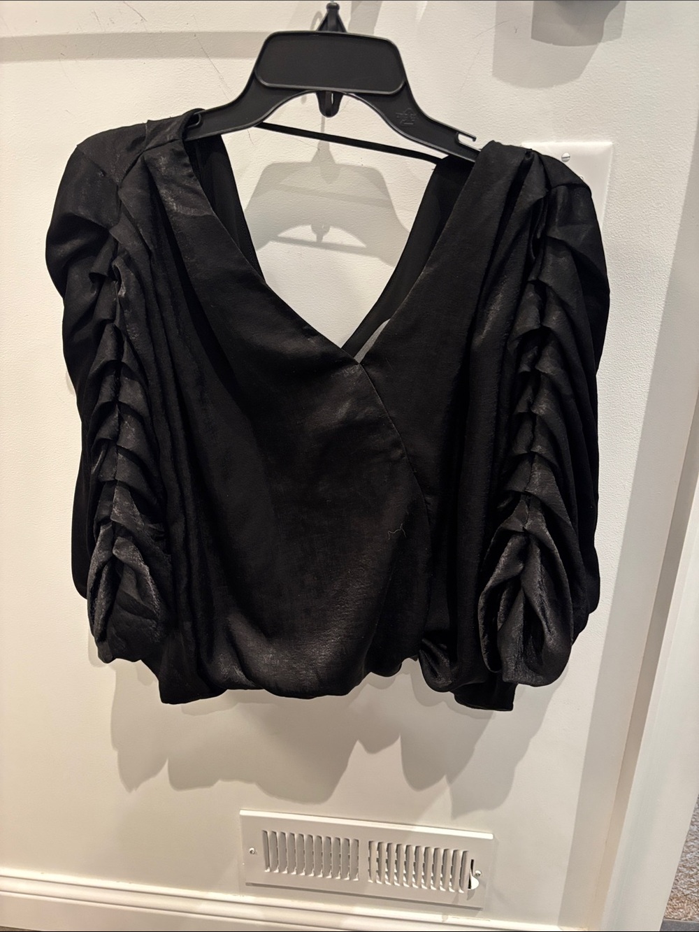 Sunday in Brooklyn Draped Black Puff-Sleeve V-Neck Blouse
